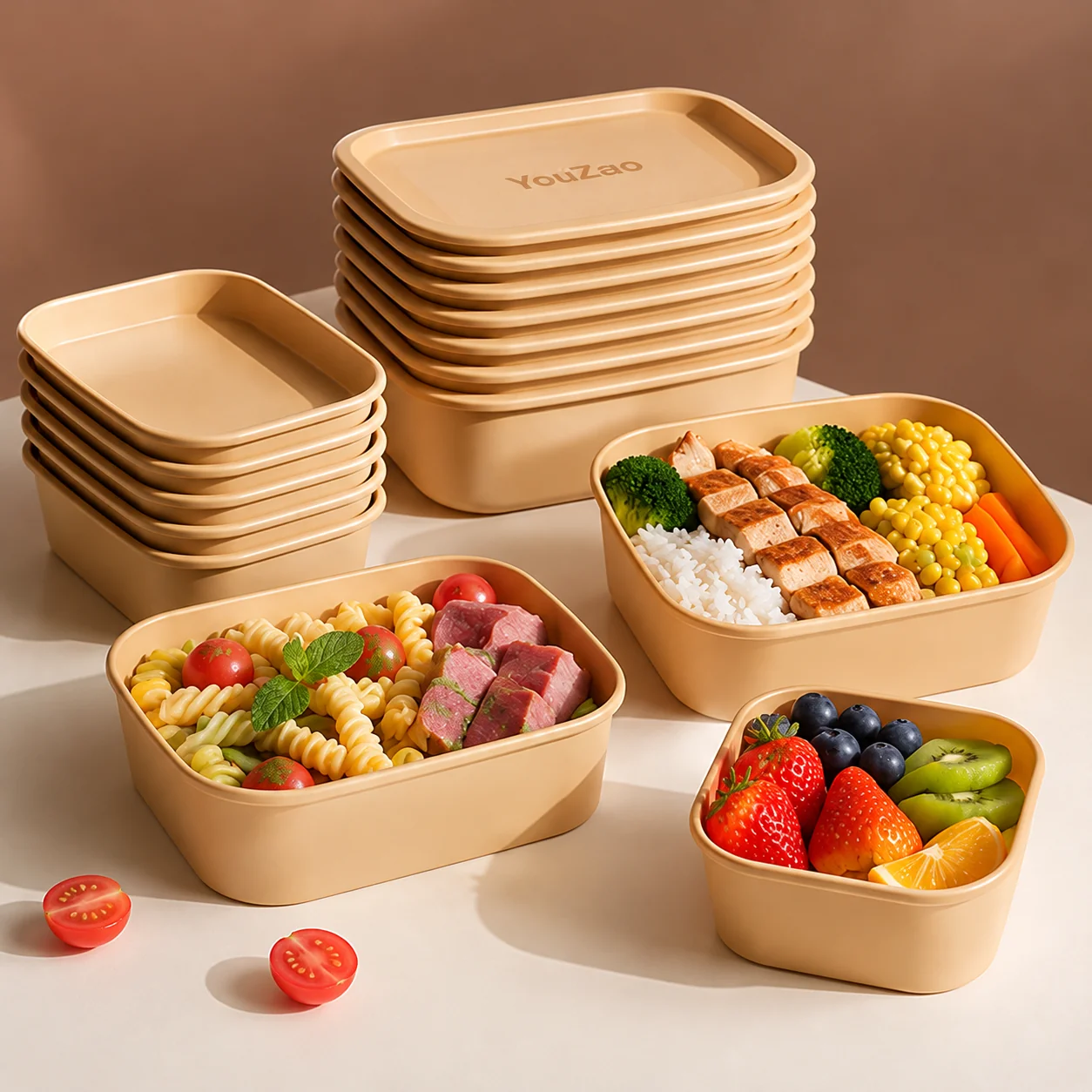 Square and rectangular kraft-colored food containers displayed with meals and separate lids