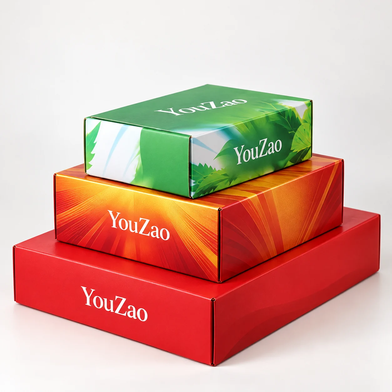 Green orange and red folding mailer boxes with full-color custom artwork