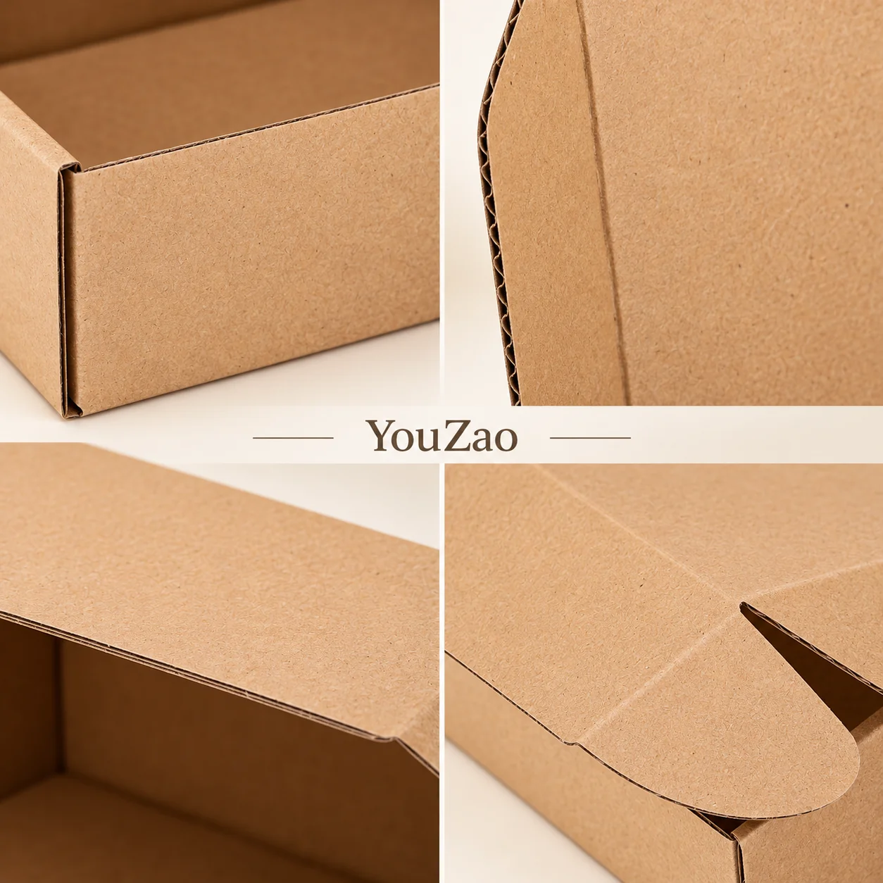 Close-up design views of kraft corrugated mailer corners folded edges and tuck flap