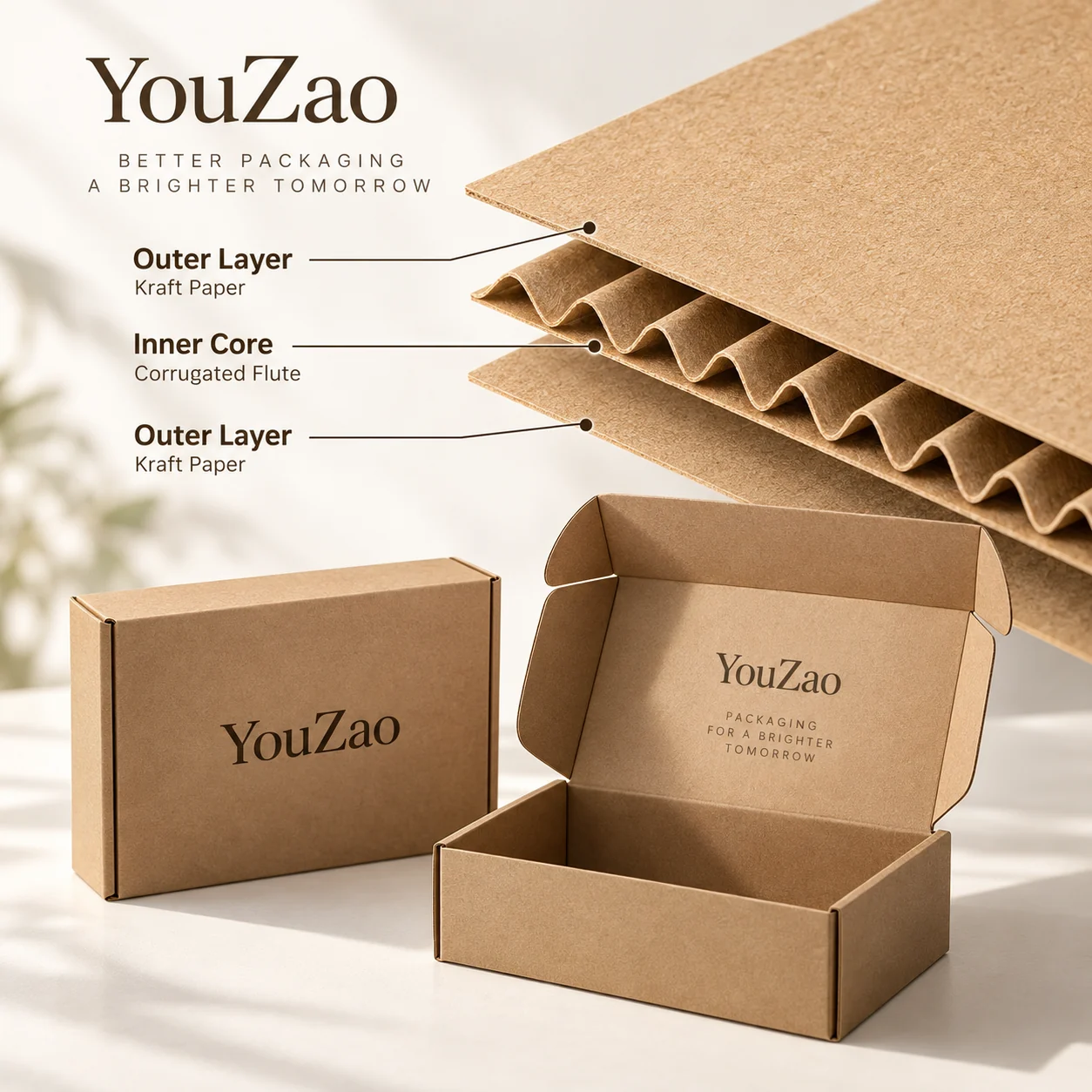 Illustration of corrugated paperboard liners and fluted core for a mailer box