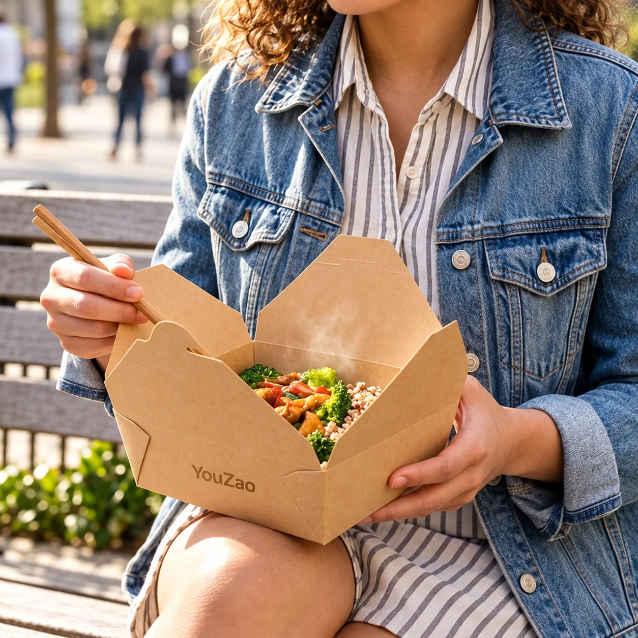 Folded kraft paper takeout box opened around a meal in an outdoor dining scene