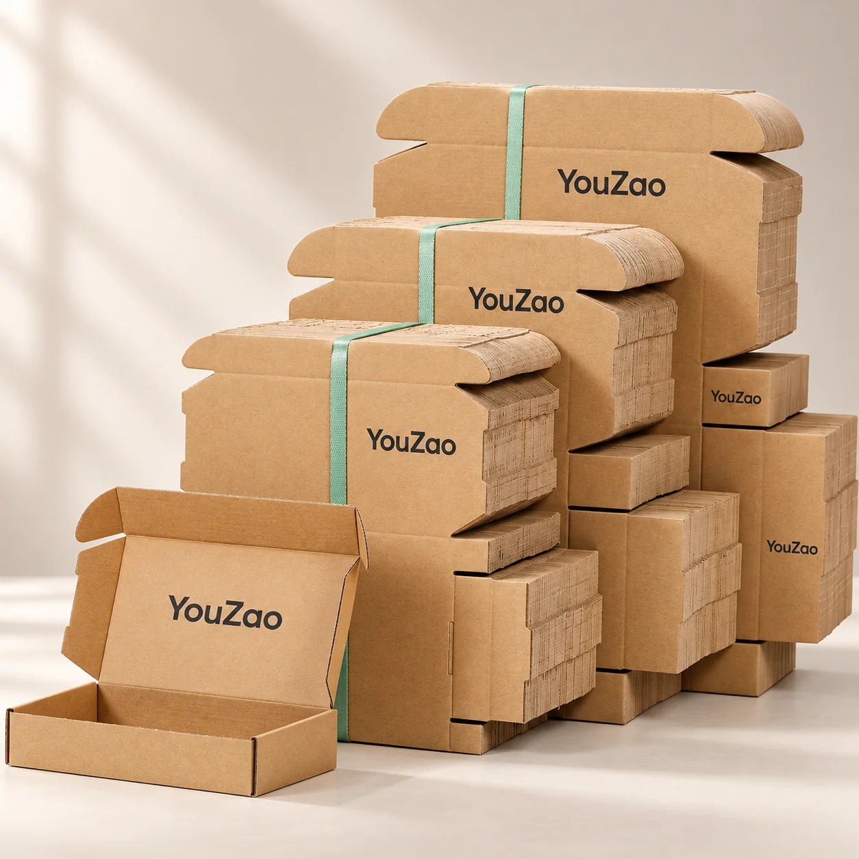 Bundled flat corrugated mailer blanks and assembled kraft packaging boxes