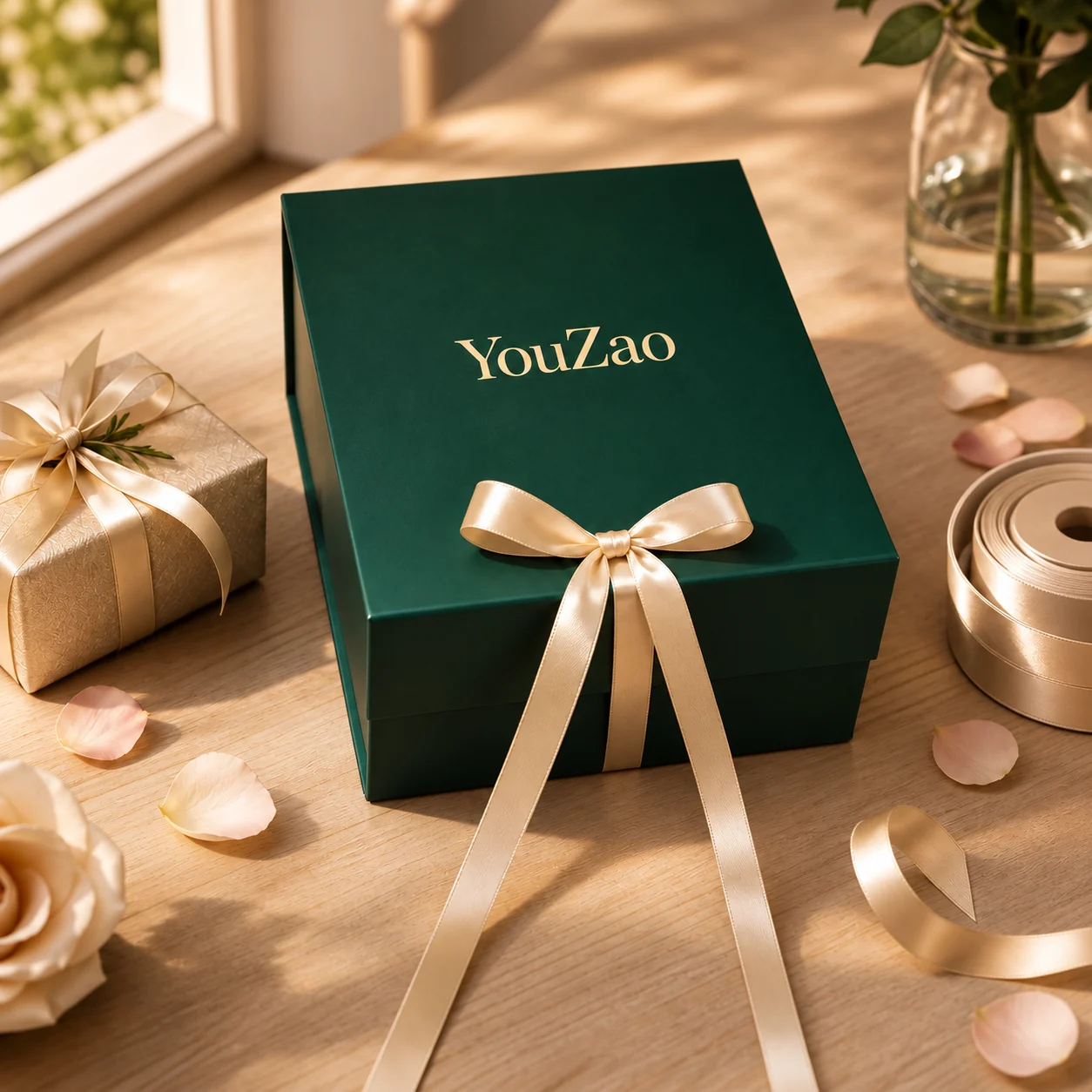 Green satin ribbon magnetic gift box in a gifting presentation scene