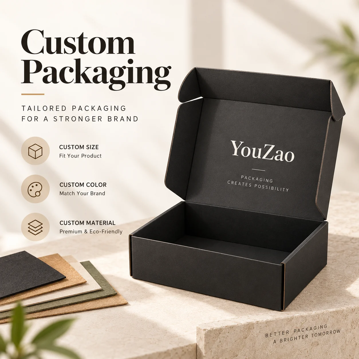 Custom mailer packaging illustration showing size color and material options