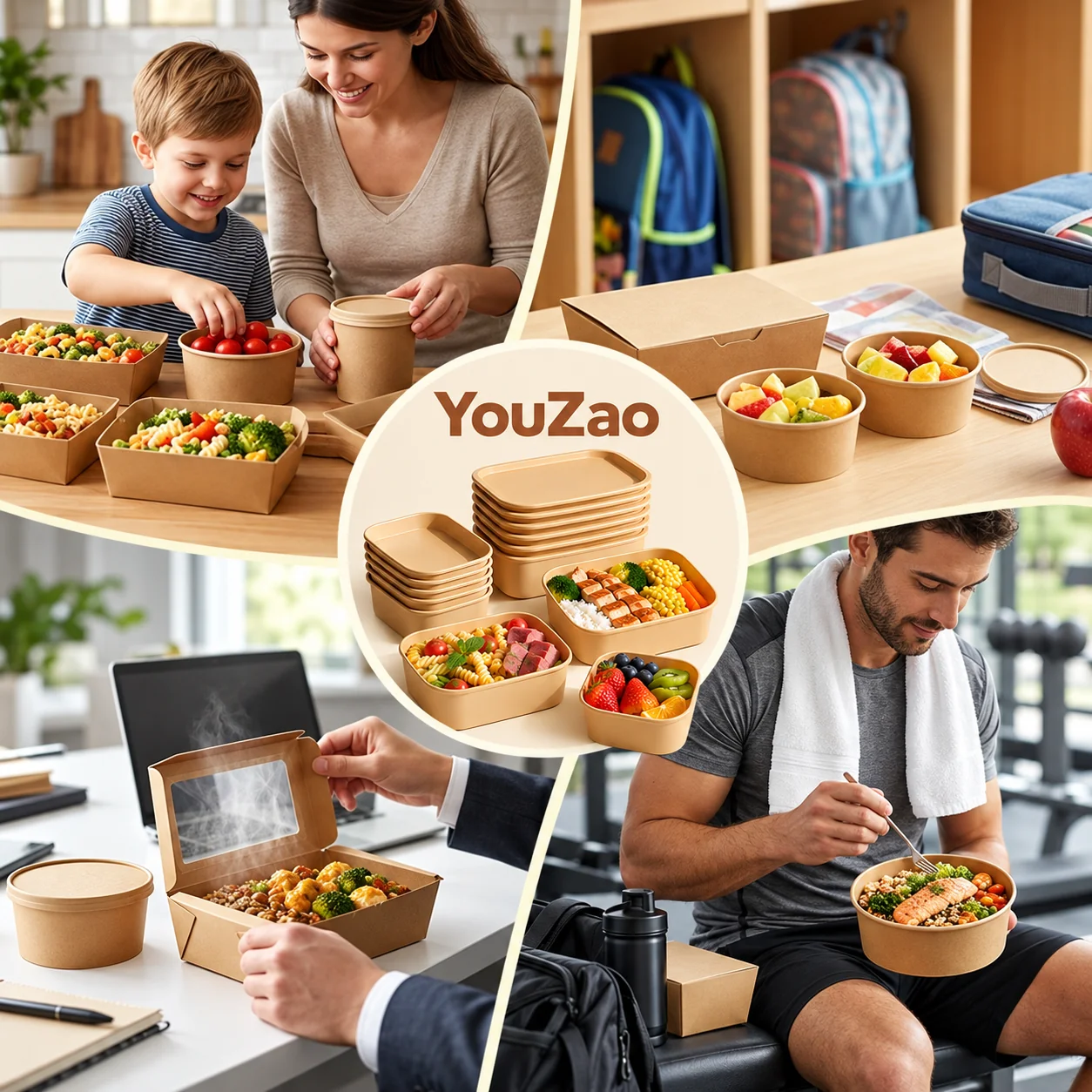 Concept collage showing kraft food boxes and separately specified round bowls in food-service settings