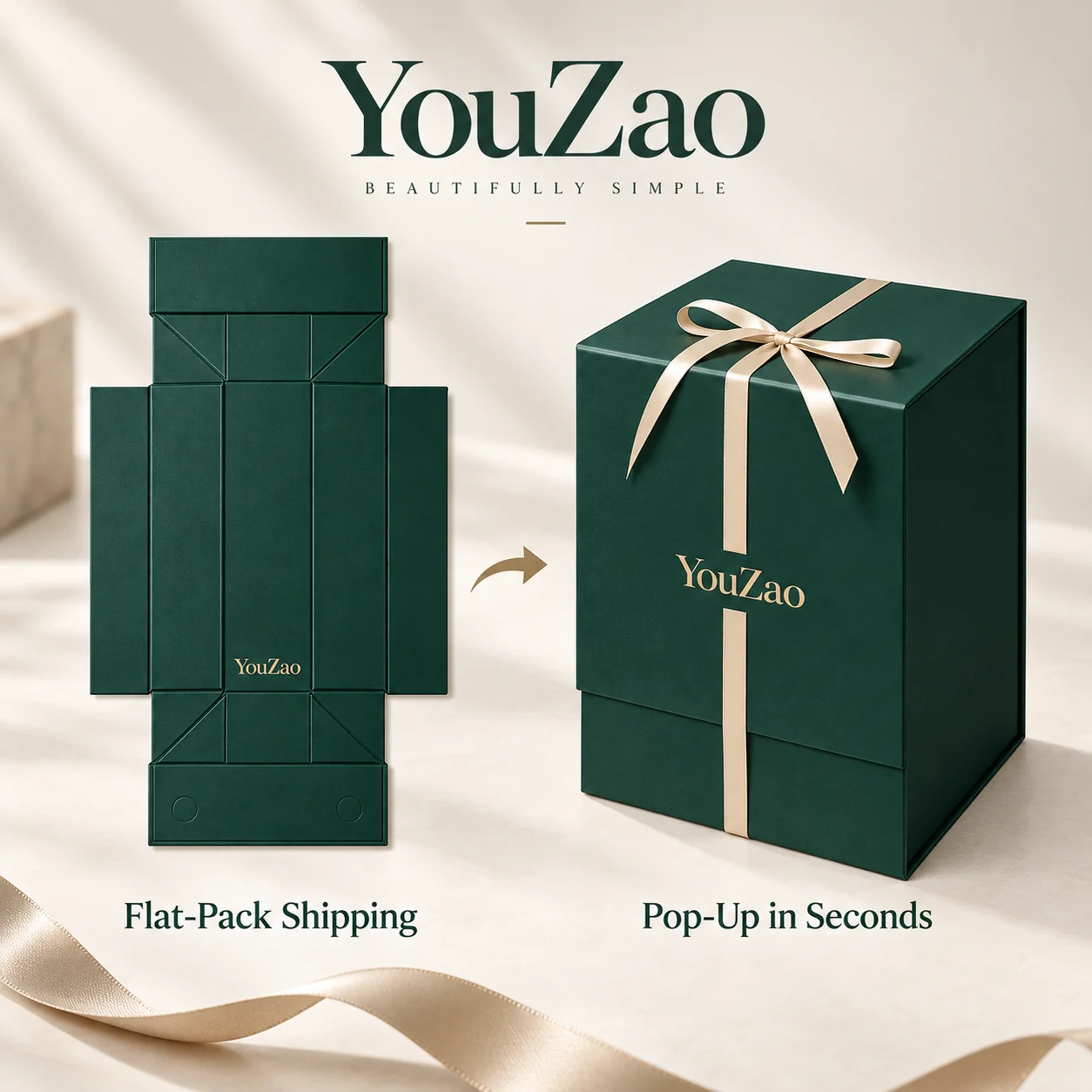 Green collapsible magnetic gift box shown flat and assembled