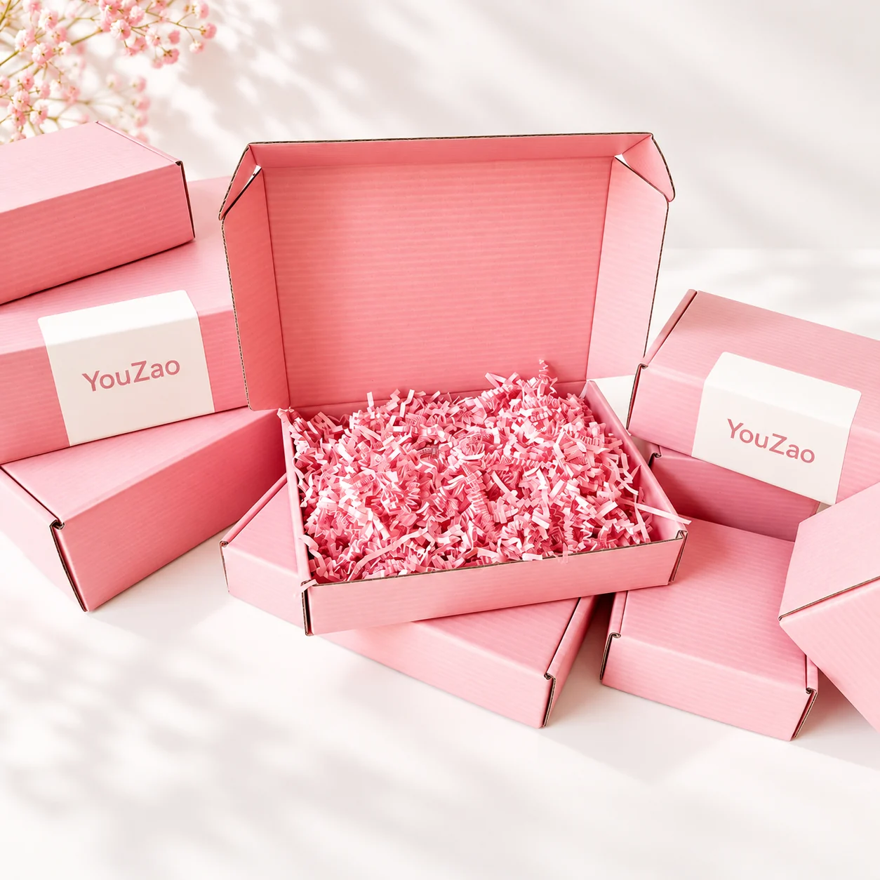 Pink open corrugated clothing mailer box with illustrative paper filler