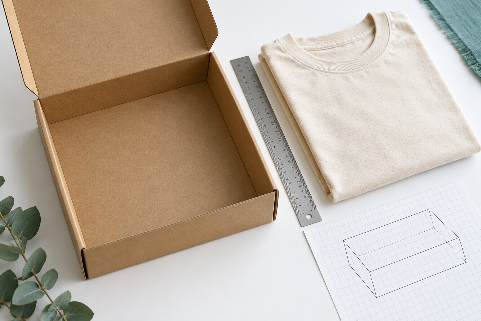 Open kraft box beside a folded garment and ruler, illustrating product measurements and box fit