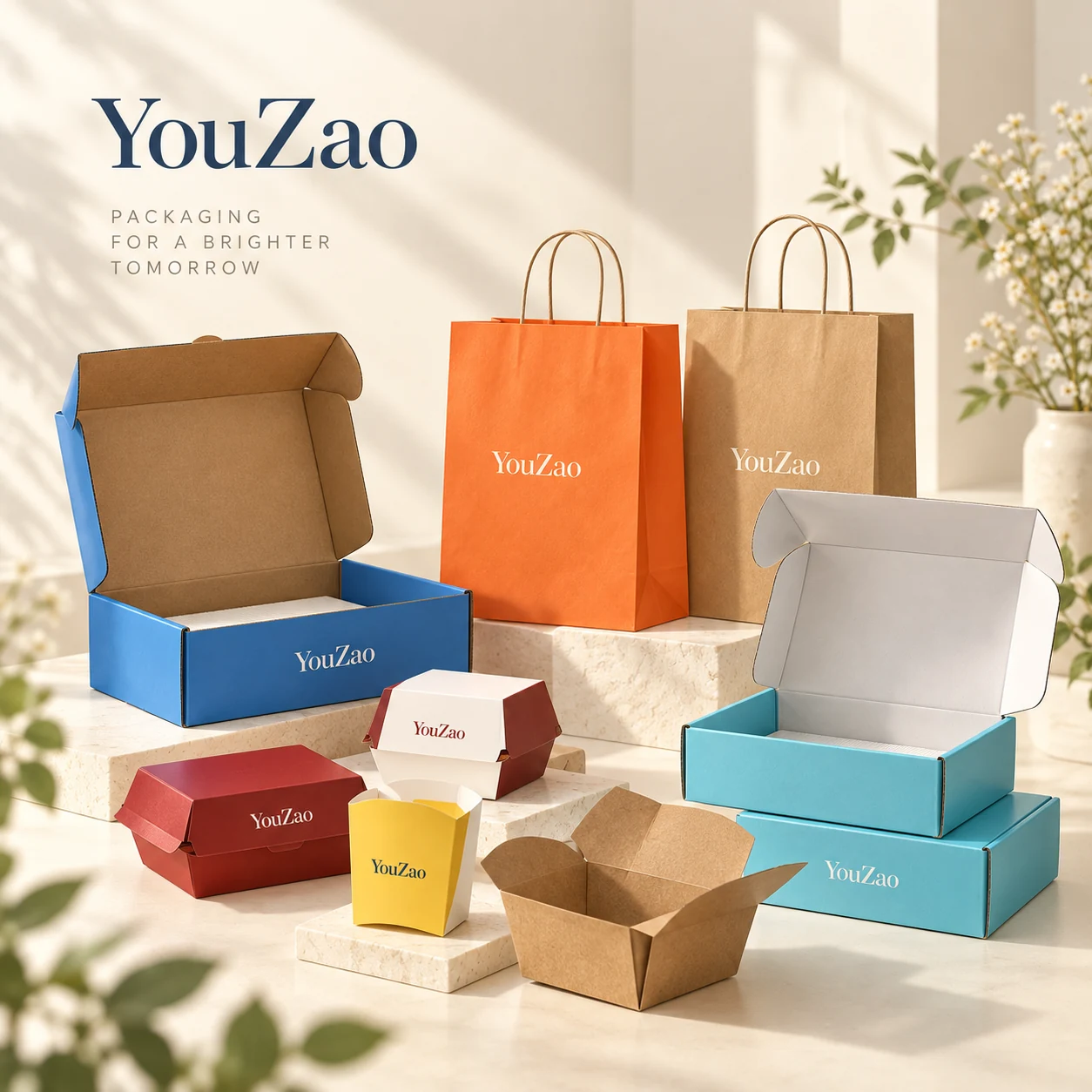 YouZao folding boxes and paper shopping bags in coordinated colors