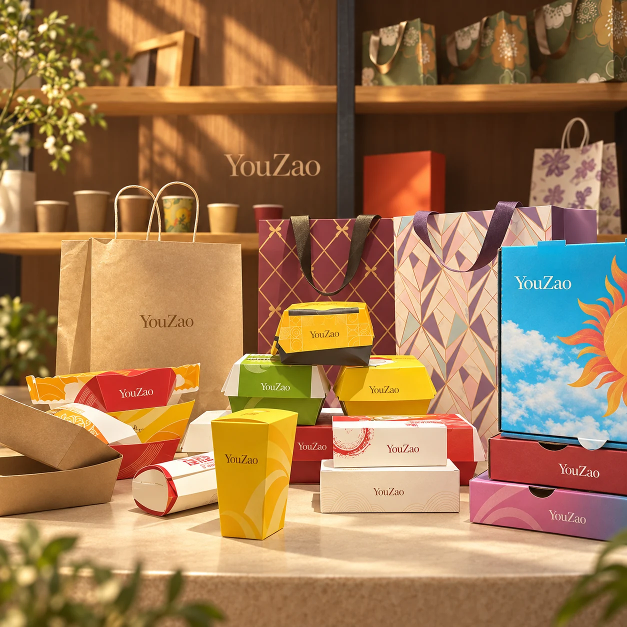 Assorted YouZao branded boxes and paper bags displayed in warm light