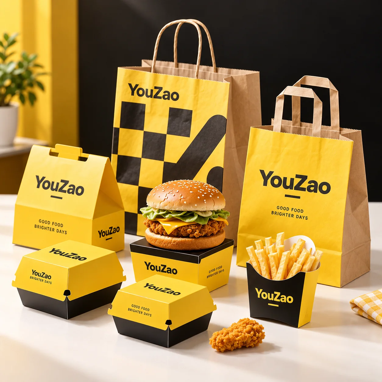 Yellow and black burger boxes with paper bags and a fries carton