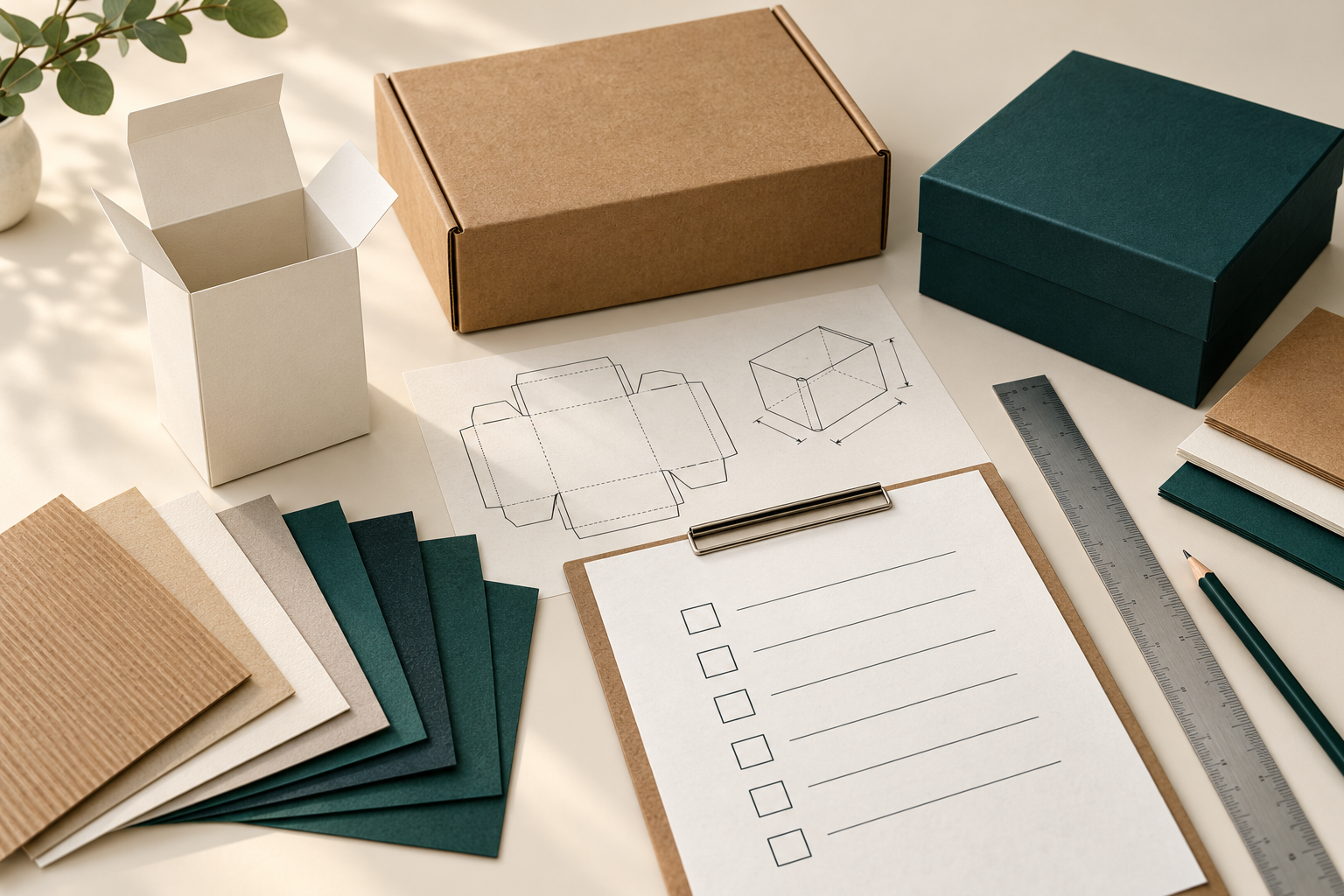 Paper box styles, board swatches and a checklist for preparing a custom packaging quote