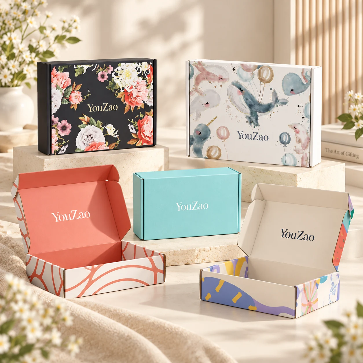 Open and closed YouZao boxes with floral and solid color artwork