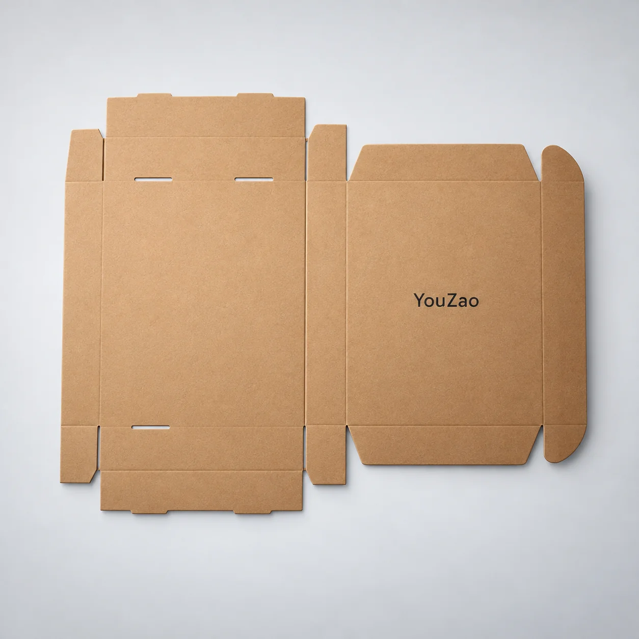 Flat brown paper box layout with cut flaps and slots