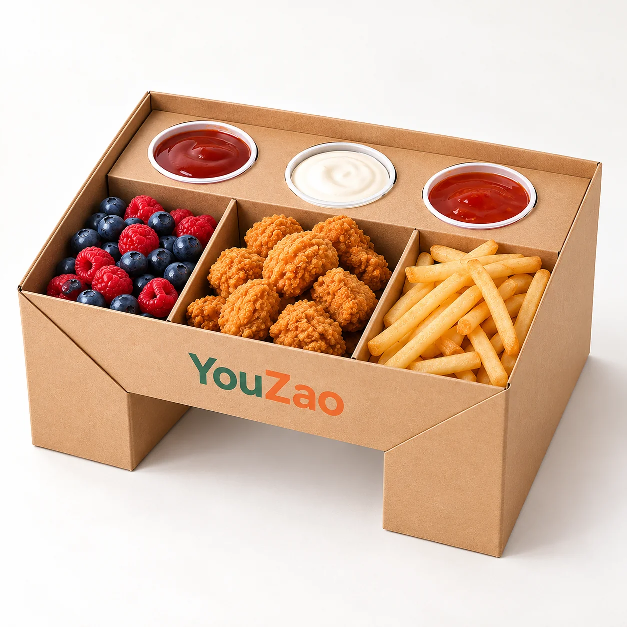 Brown modular food tray holding fries chicken berries and three sauce cups