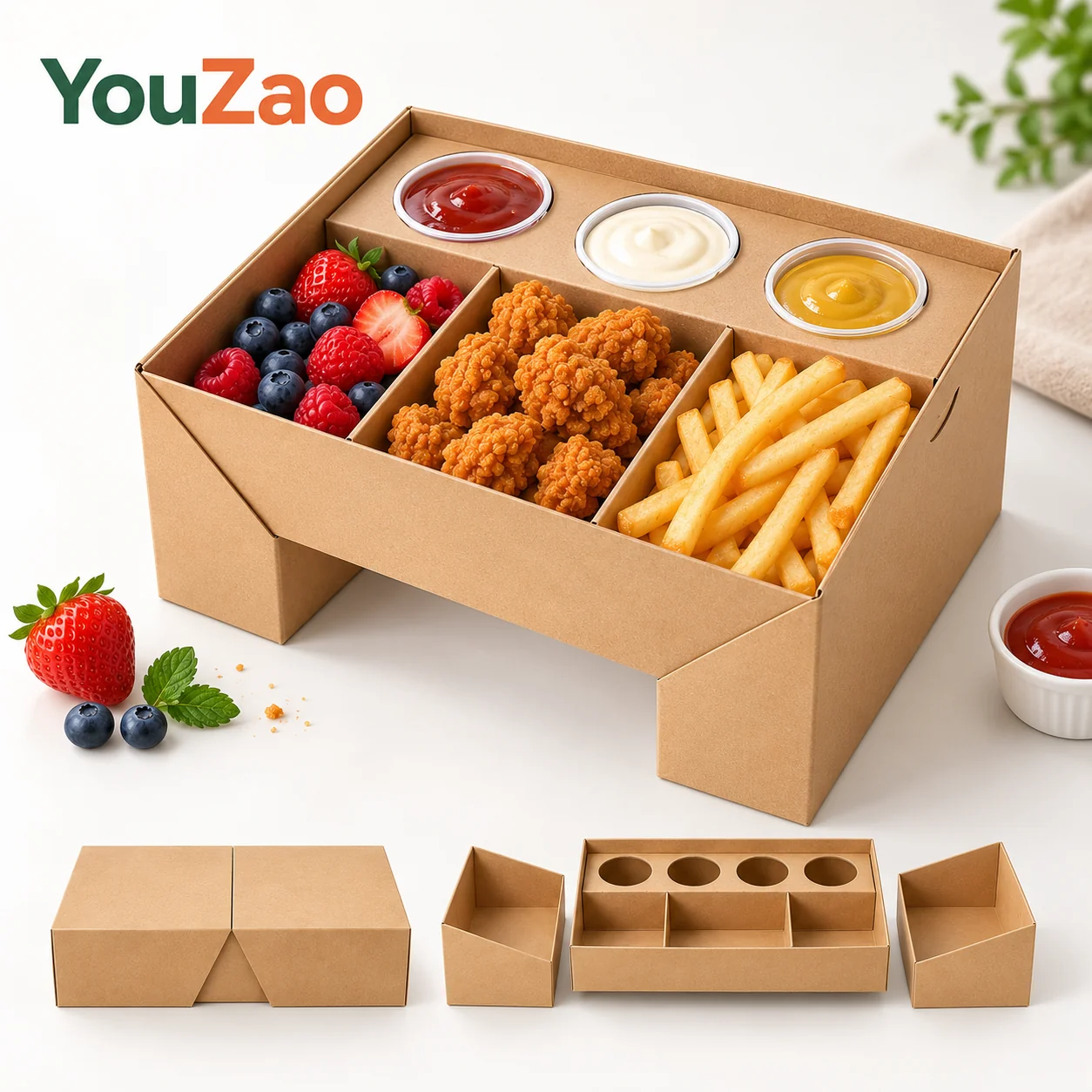 Assembled kraft food tray above separate side pieces and a partitioned sauce-cup insert