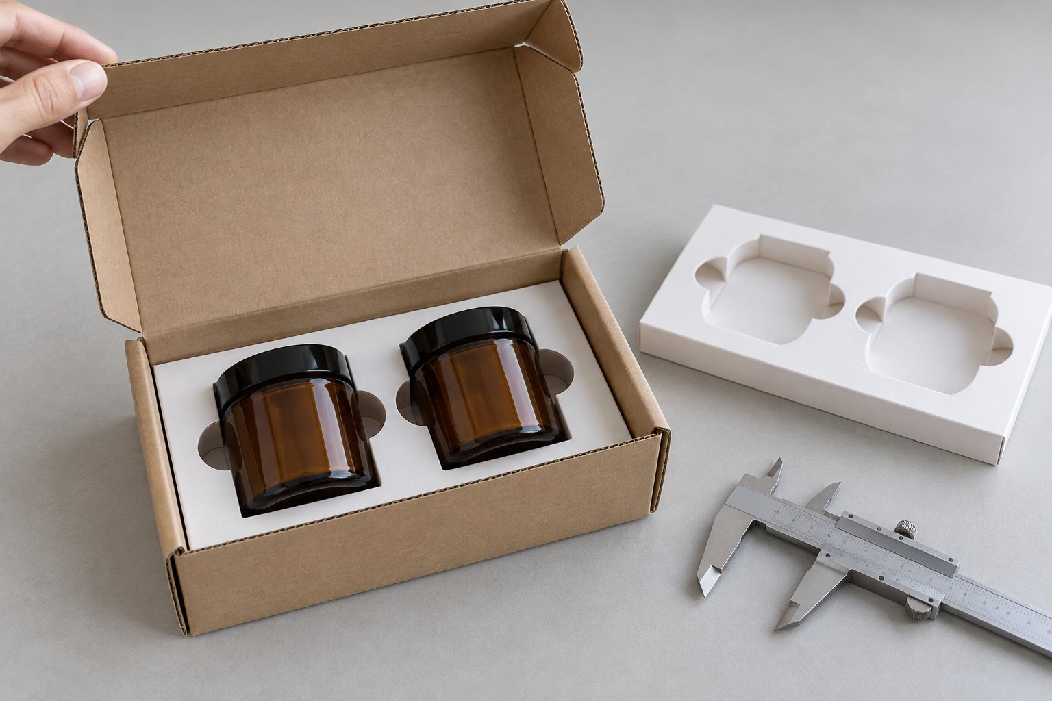 Open kraft sample box with two amber jars in a fitted paperboard insert, a spare insert and a caliper