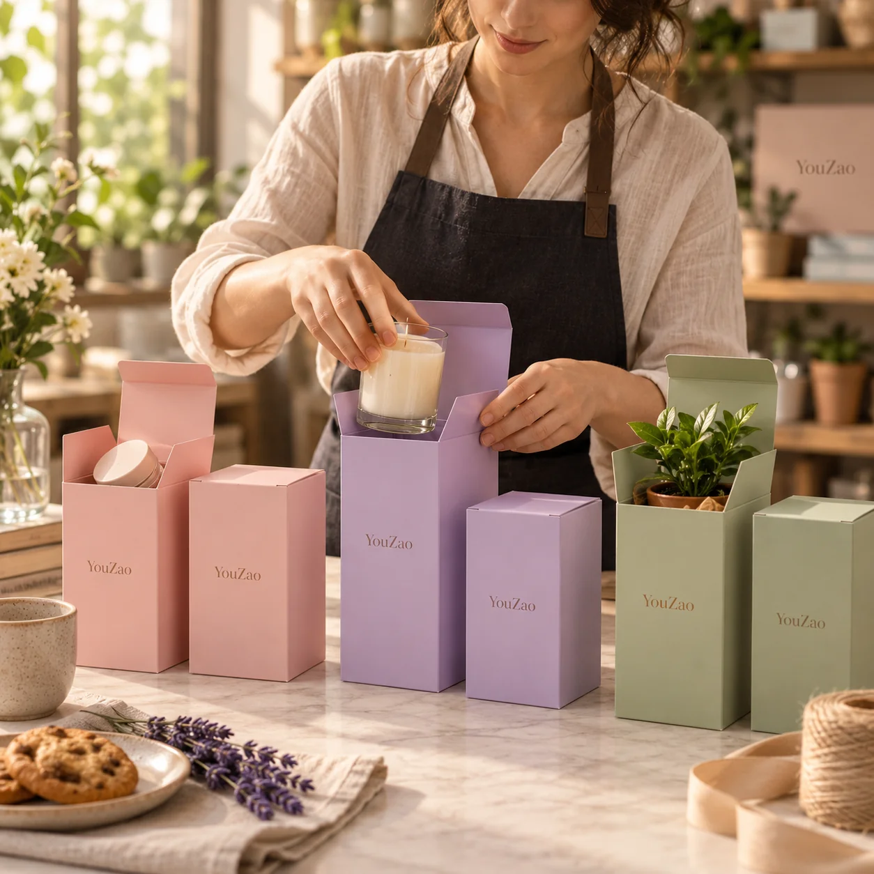Pastel paperboard boxes with candle and gift items on a display table