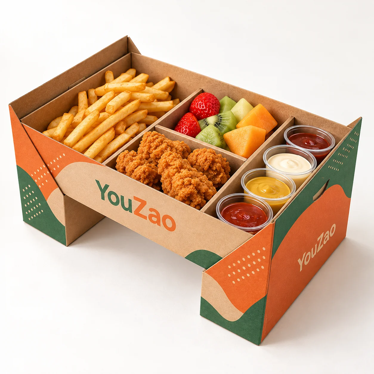 Printed orange and green compartment food tray with raised side supports and sauce cups