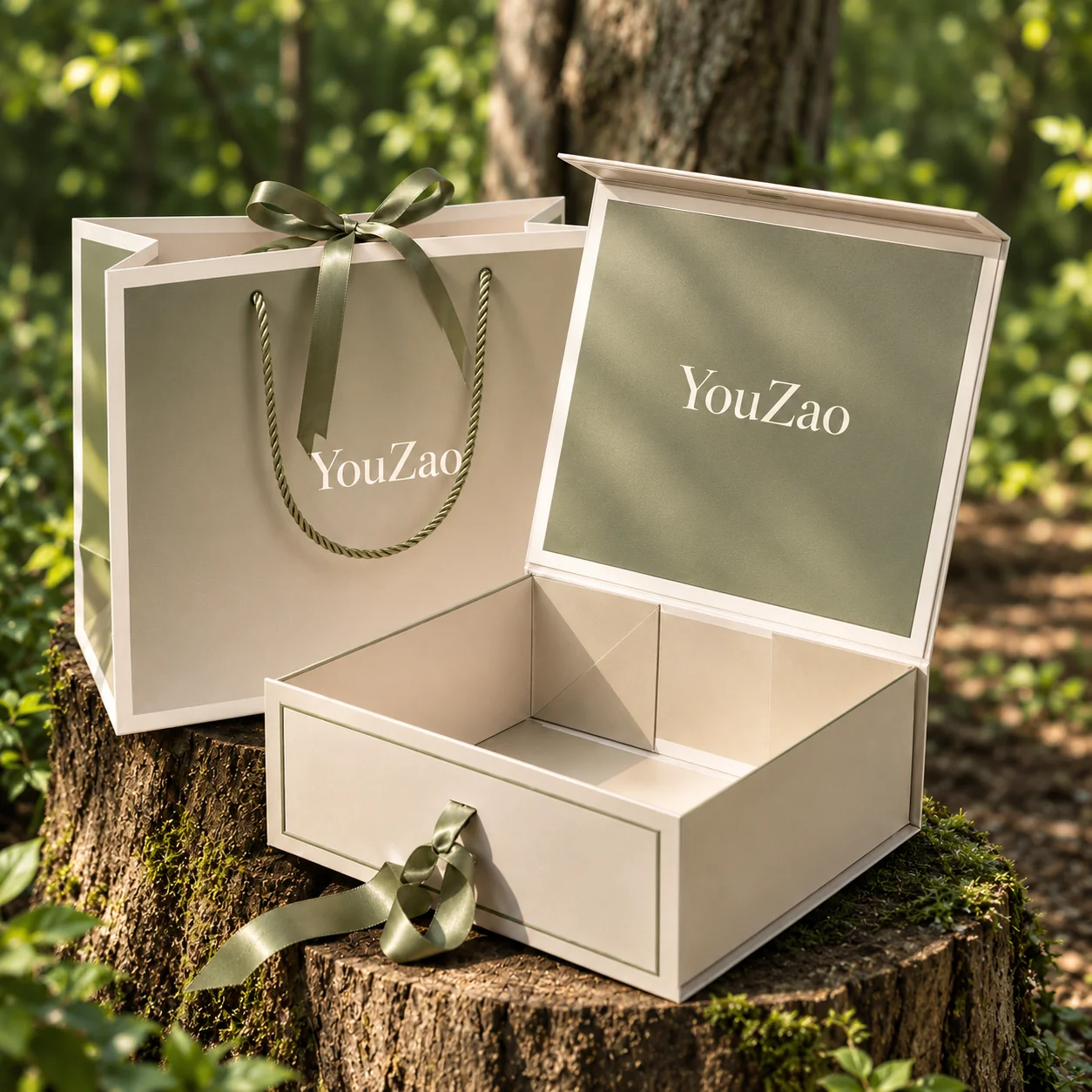 Open sage gift box with matching handled paper bag and ribbon detail