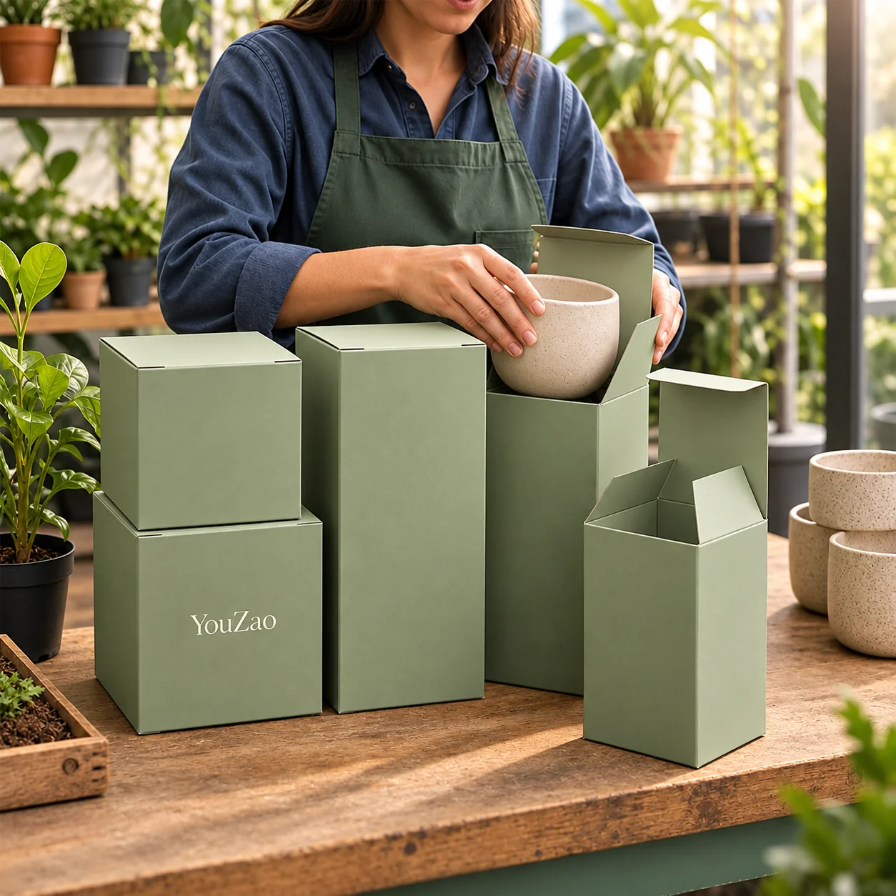 Sage paperboard boxes with a ceramic bowl being placed into an open carton