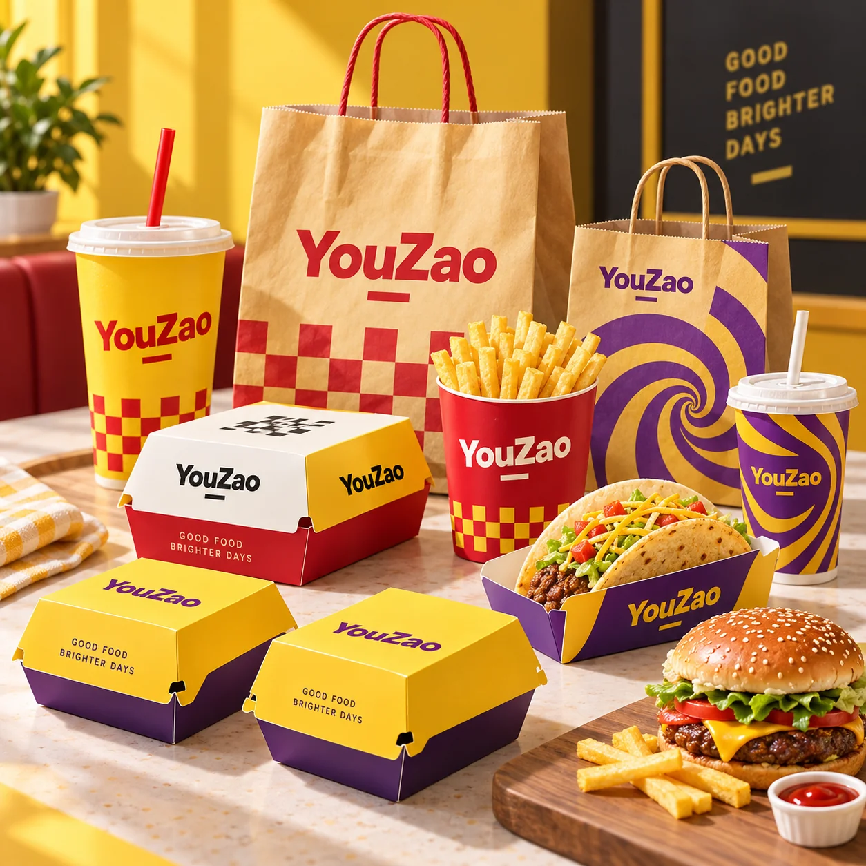 Printed burger boxes with cups paper bags fries cartons and food presentation