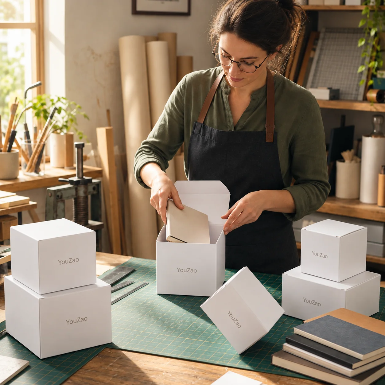 White paperboard boxes arranged on a worktable with an open box being handled